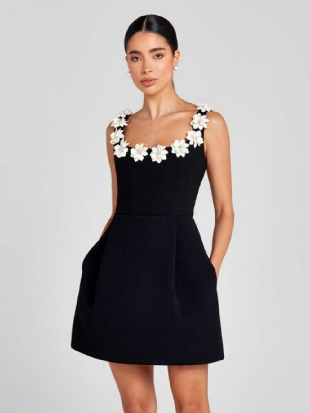 NADINE MERABI Black Mini Dress with White Floral Trim